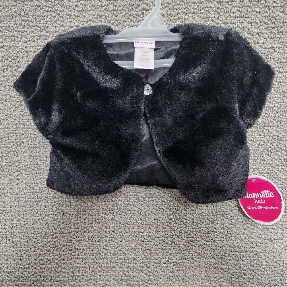 NANETTE Girls Black Fur Short Jacket Throw Over Size 6 NWT